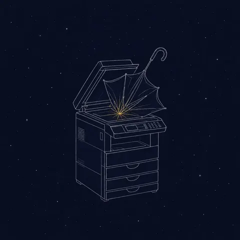 An AI illustration of “The UMBRELLA snaps open and jams the photocopier.”