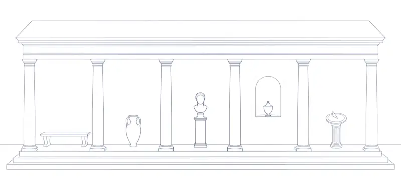 A hairline Roman portico with five bays: a bench, a tall vase, a bust, an urn in an arched niche and a sundial.